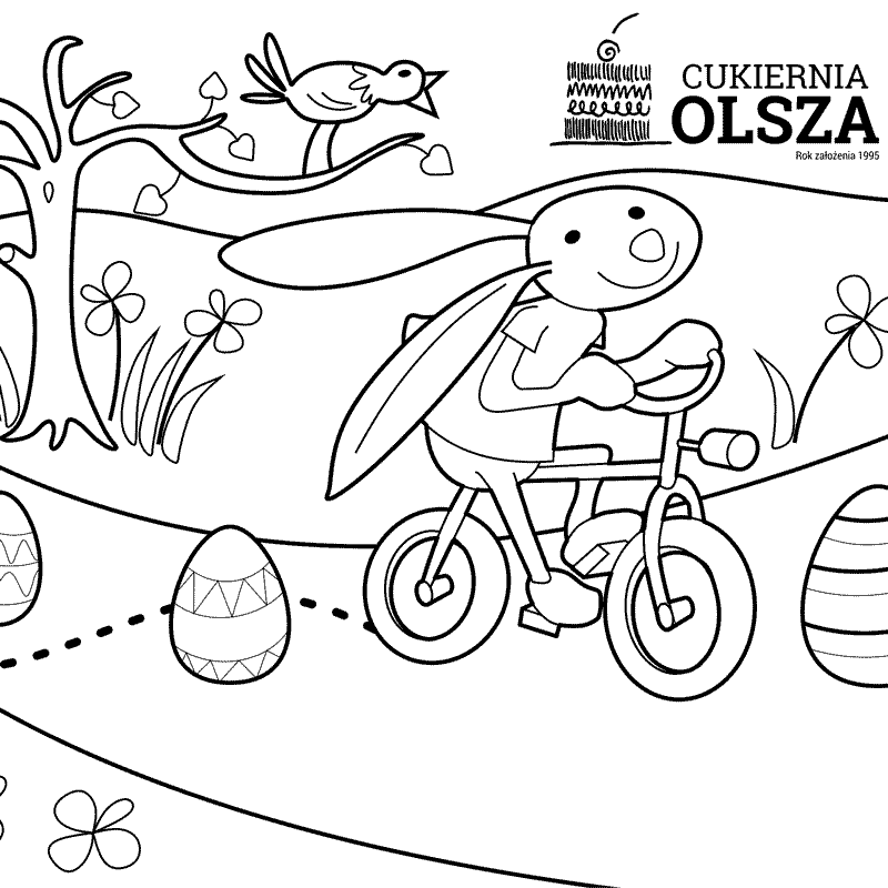 kolorowanki zajączek na rowerze i pisanki wielkanocne